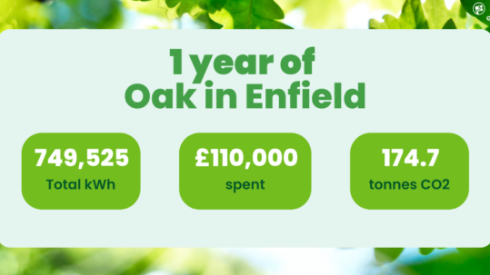 Oak leaves background. Text reads: 1 year of Oak in Enfield. 749,525 total kWh, £111,000 spent, 174.7 tonnes of CO2.